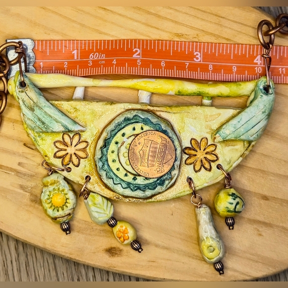 Primitive Cave Rustic Earth Green Pendant & Beads In Clay In Copper Necklace - Picture 7 of 9